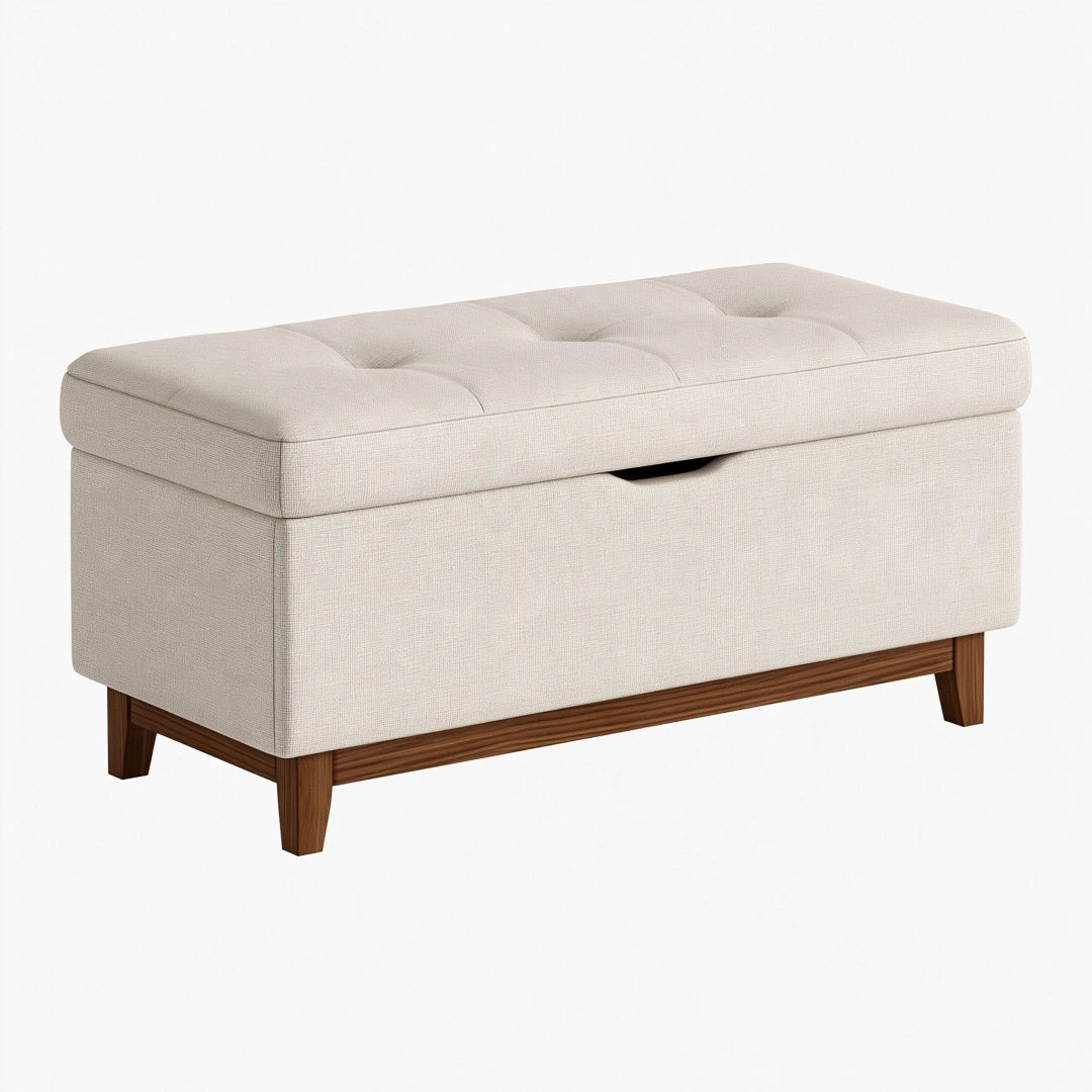 Banc coffre 100 cm en tissu beige avec pieds en bois style contemporain