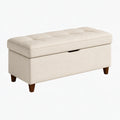 Banc coffre 110 x 45 x 48 cm en tissu beige avec pieds en bois style contemporain