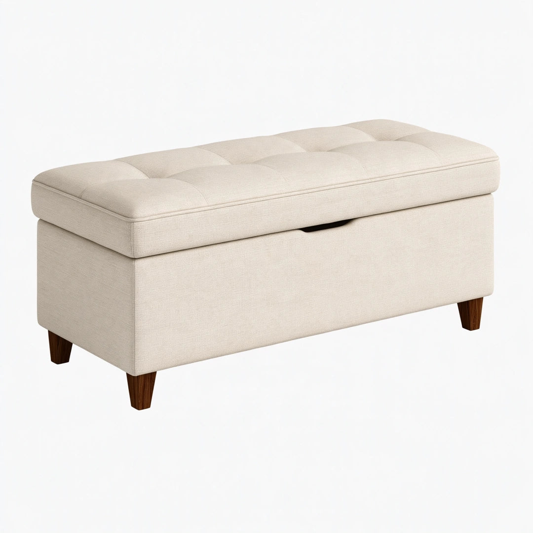 Banc coffre 110 x 45 x 48 cm en tissu beige avec pieds en bois style contemporain