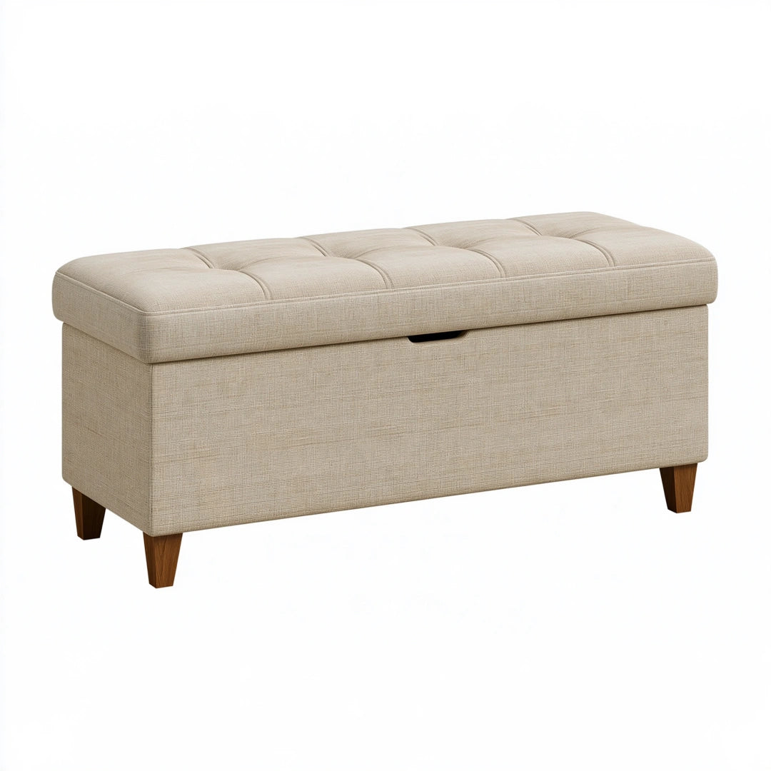 Banc de rangement 110 cm en tissu beige avec assise capitonnée