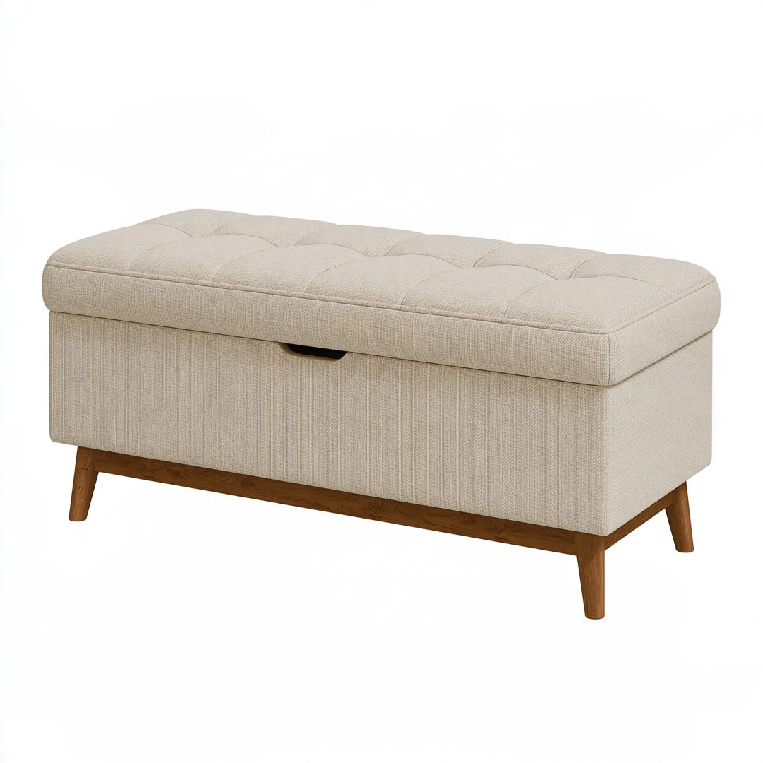 Banc coffre de rangement 110 cm en tissu beige avec pieds en bois style contemporain