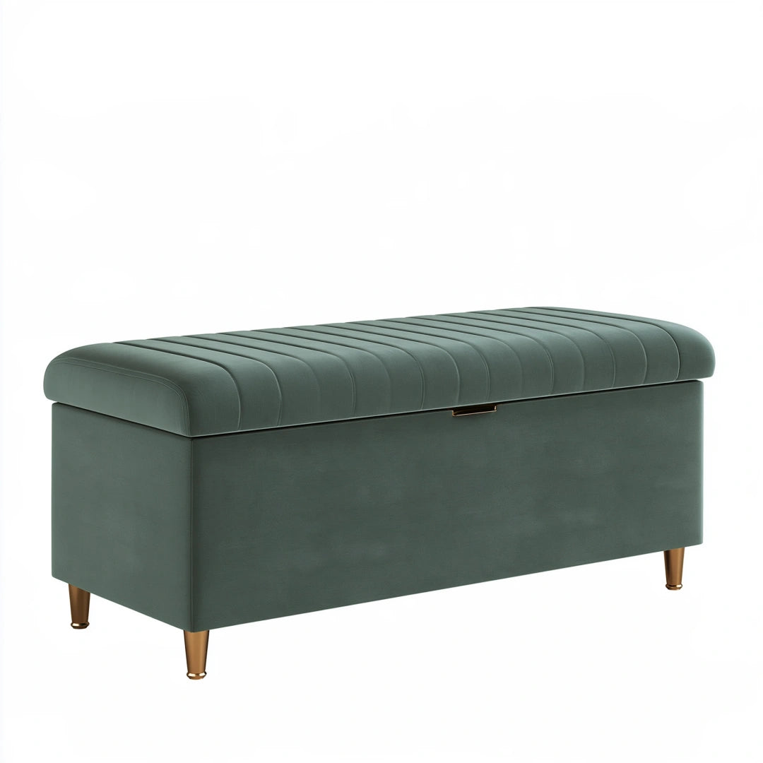 Banc coffre de rangement 120 x 45 x 48 cm en velours vert avec pieds métalliques