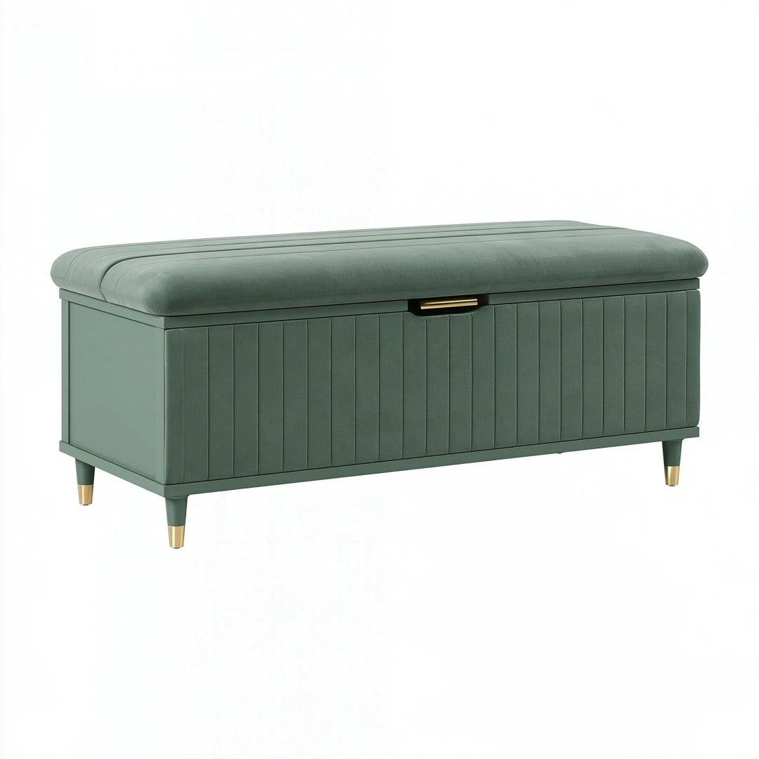 Banc coffre 120 x 45 x 50 cm en velours vert avec rangement style contemporain