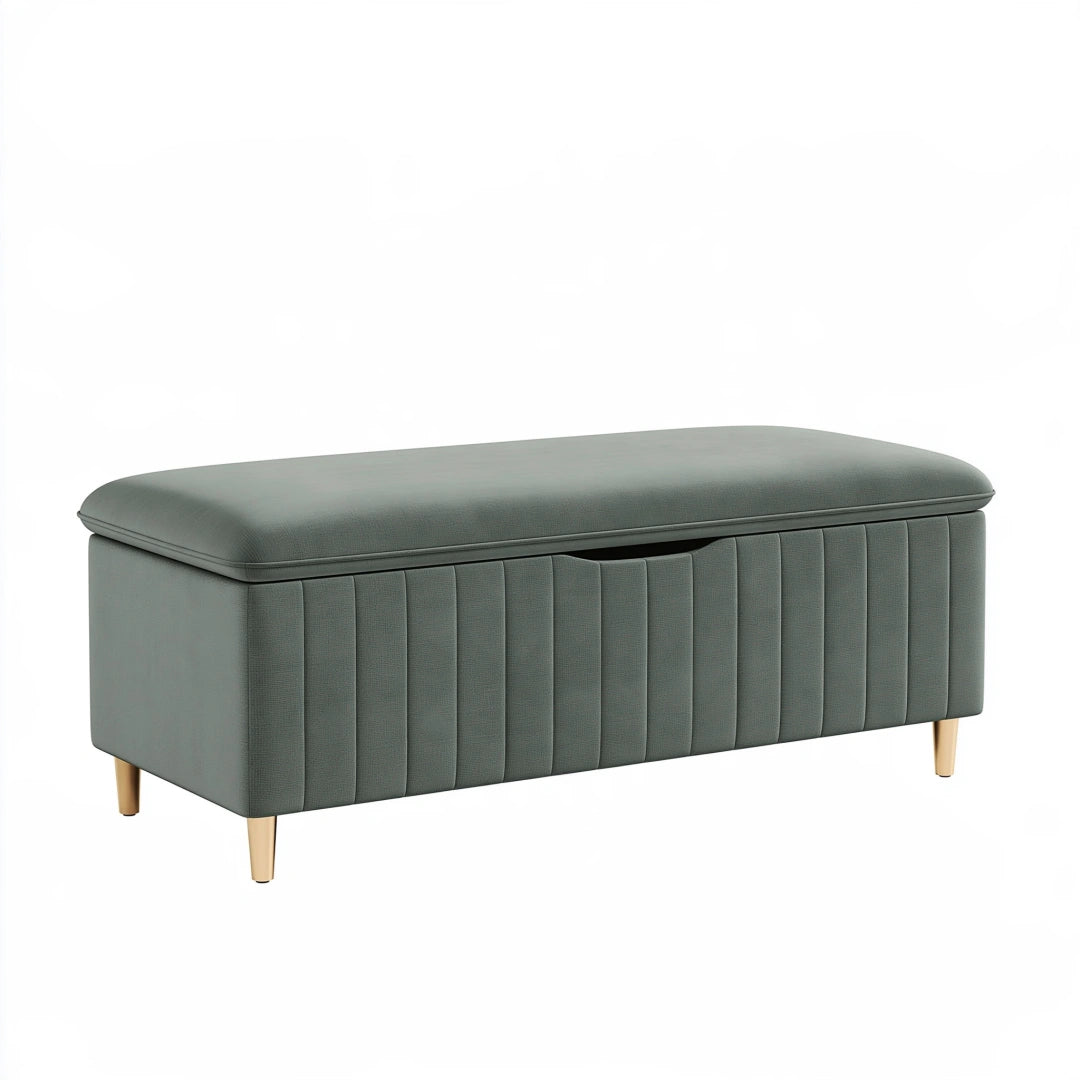 Banc coffre 100 x 40 x 45 cm en tissu vert grisé avec pieds métalliques style contemporain