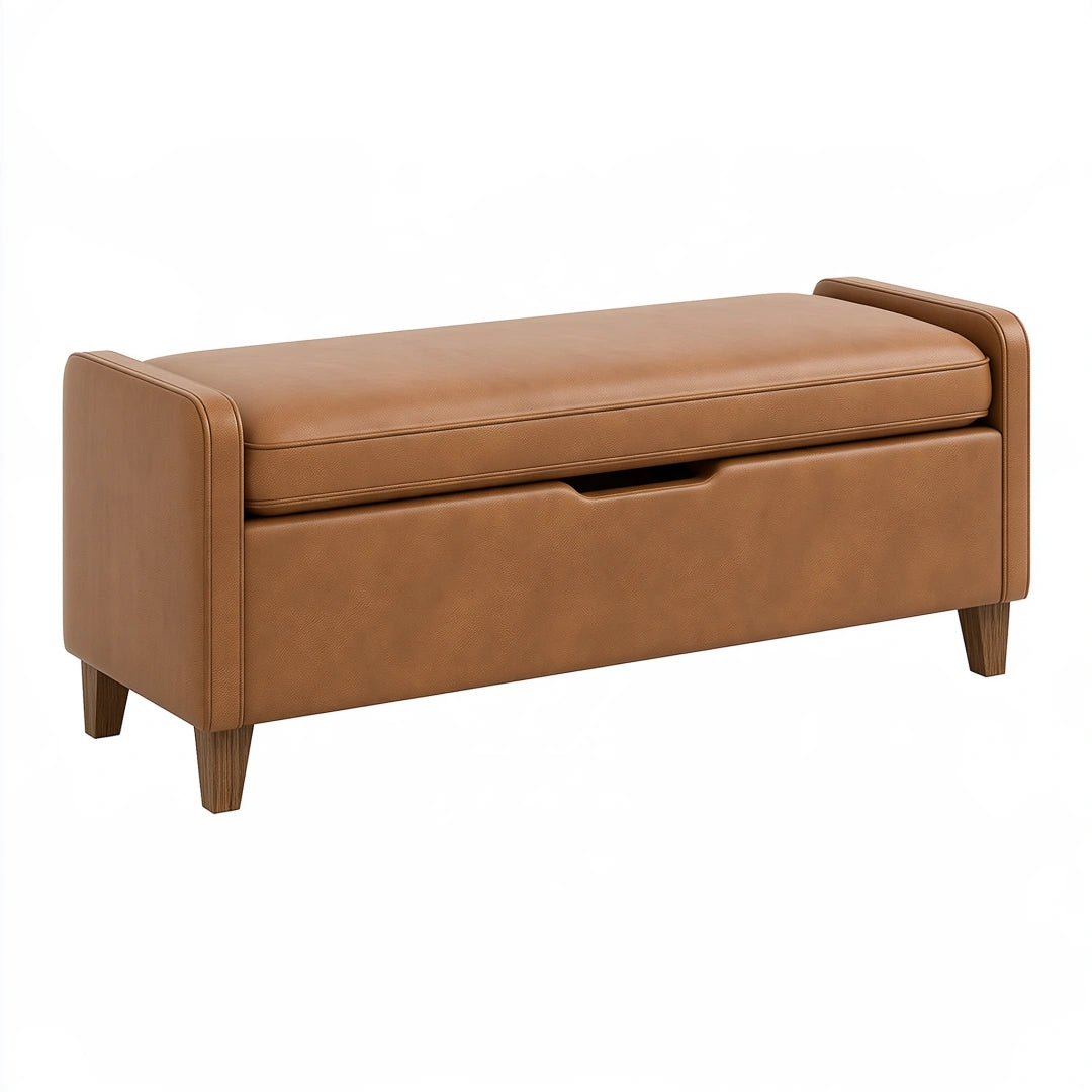 Banquette de rangement 120 cm en revêtement synthétique camel avec tiroir style contemporain
