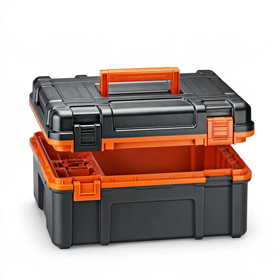 Caisse à outils 50 x 30 x 25 cm en plastique noir et orange avec poignée et compartiments