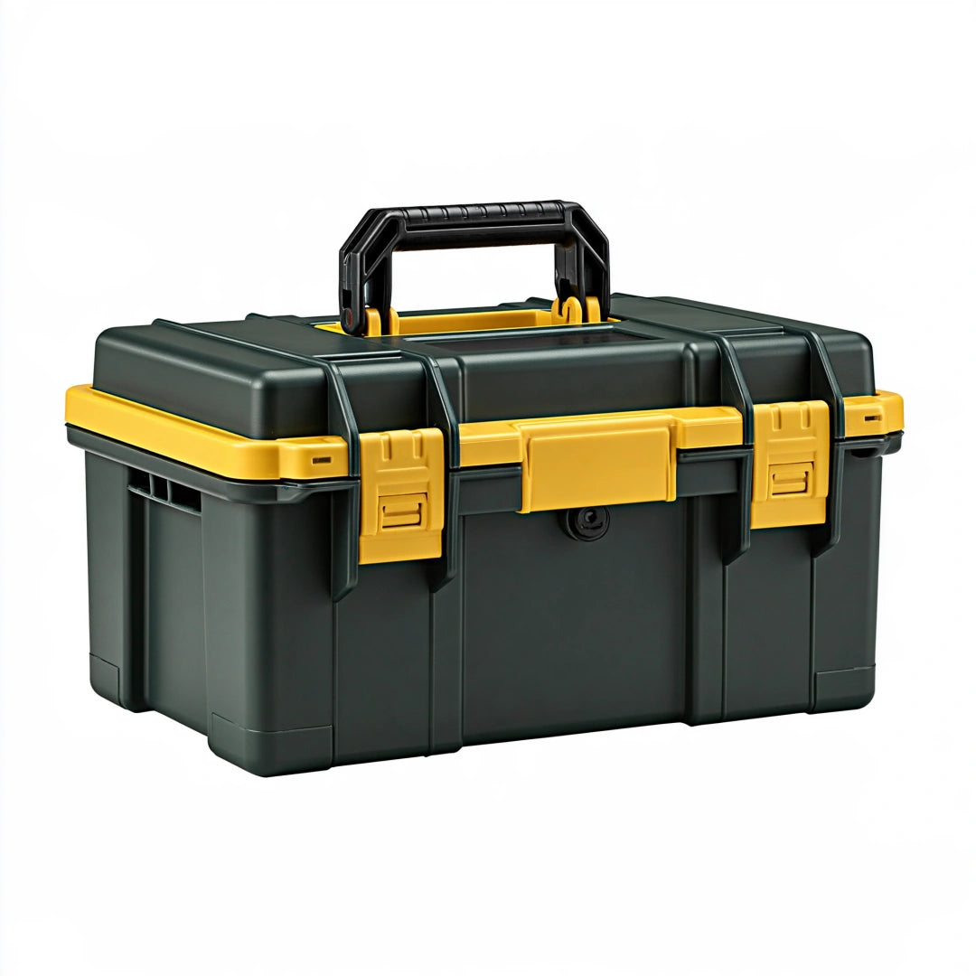 Boîte à outils 48 x 25 x 23 cm en plastique noir jaune avec poignée et fermoirs pour rangement d'outils
