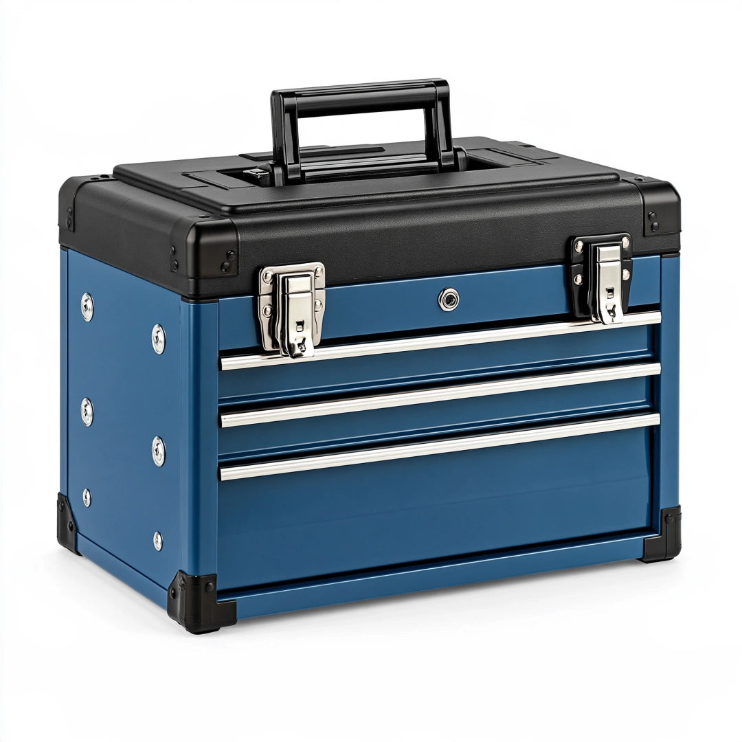 Coffre à outils 50 cm en acier bleu et noir avec tiroirs et poignée de transport