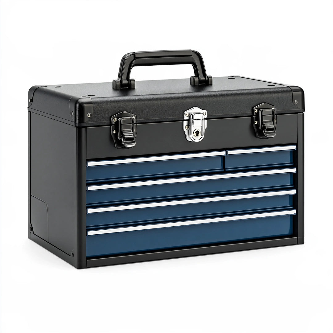 Coffre à outils 50 x 25 x 35 cm en métal noir et bleu à 5 tiroirs portable