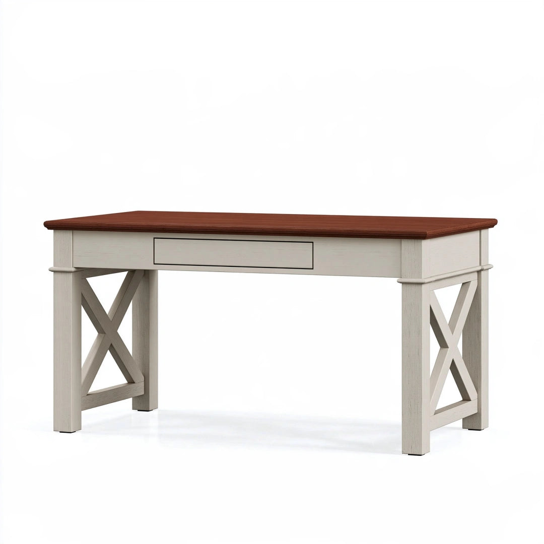 Bureau 120 x 60 x 75 cm en bois blanc et brun avec tiroir style campagne