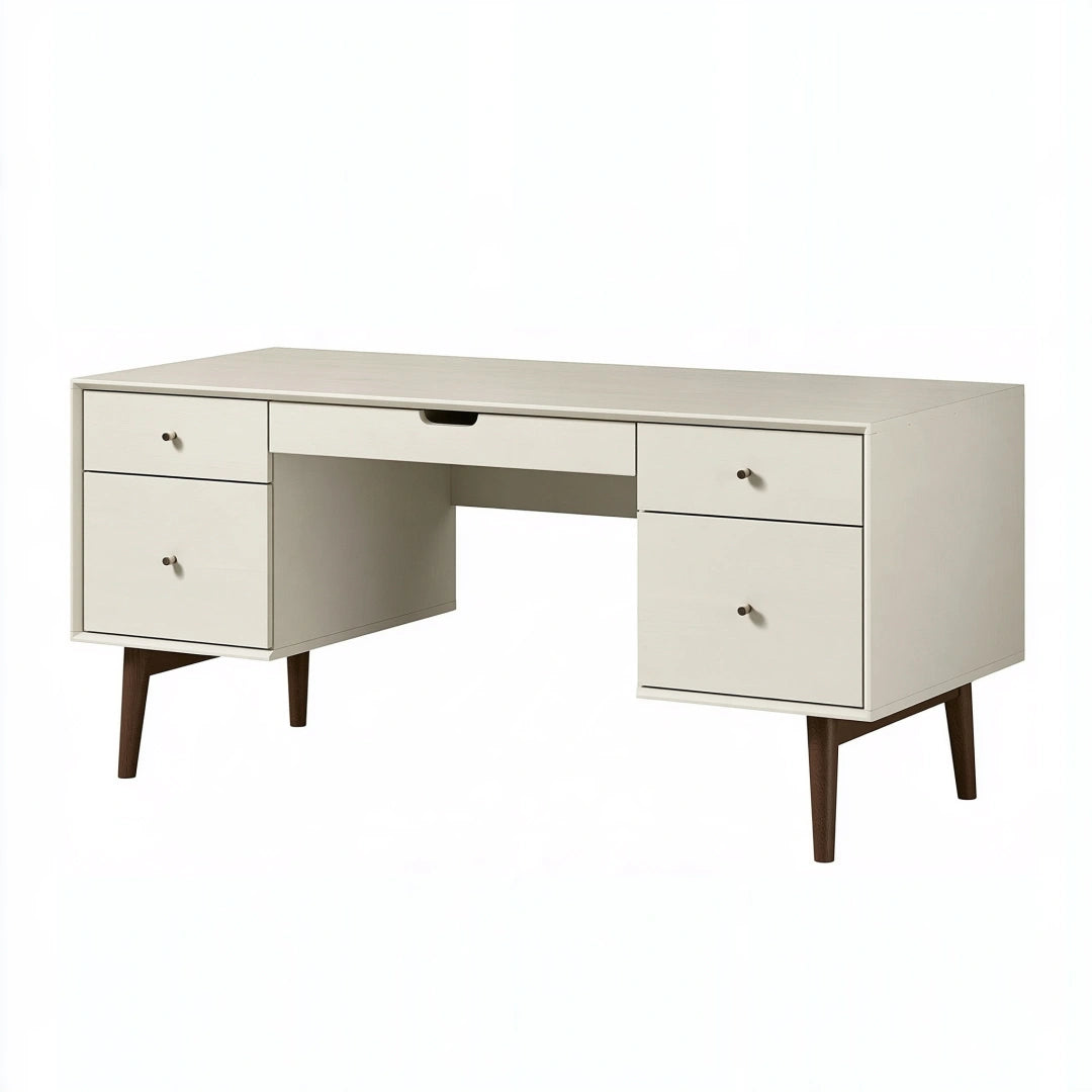 Bureau 150 cm en bois blanc avec 5 tiroirs style rétro