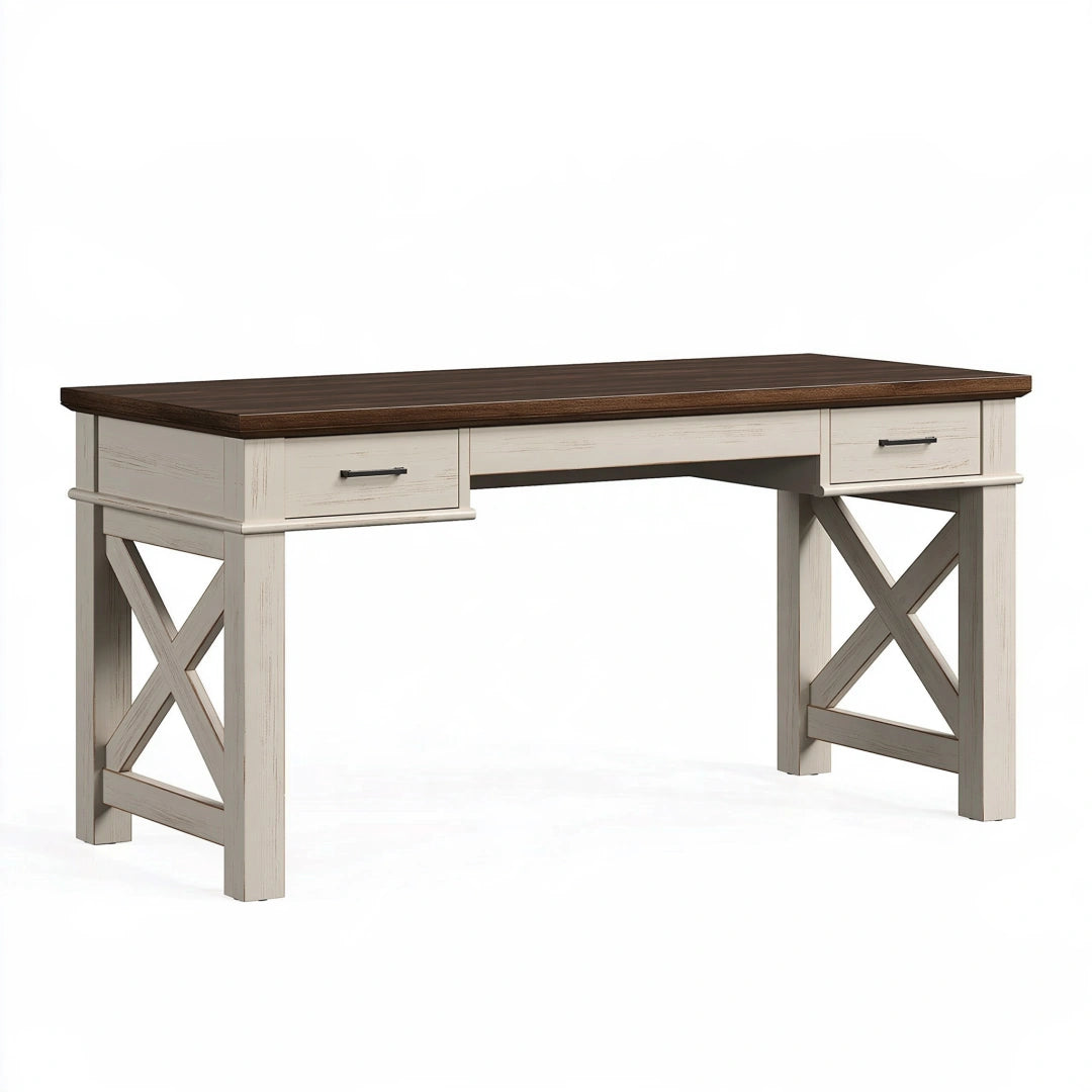 Bureau 150 x 60 x 76 cm en bois blanc cassé et marron foncé avec deux tiroirs style campagne