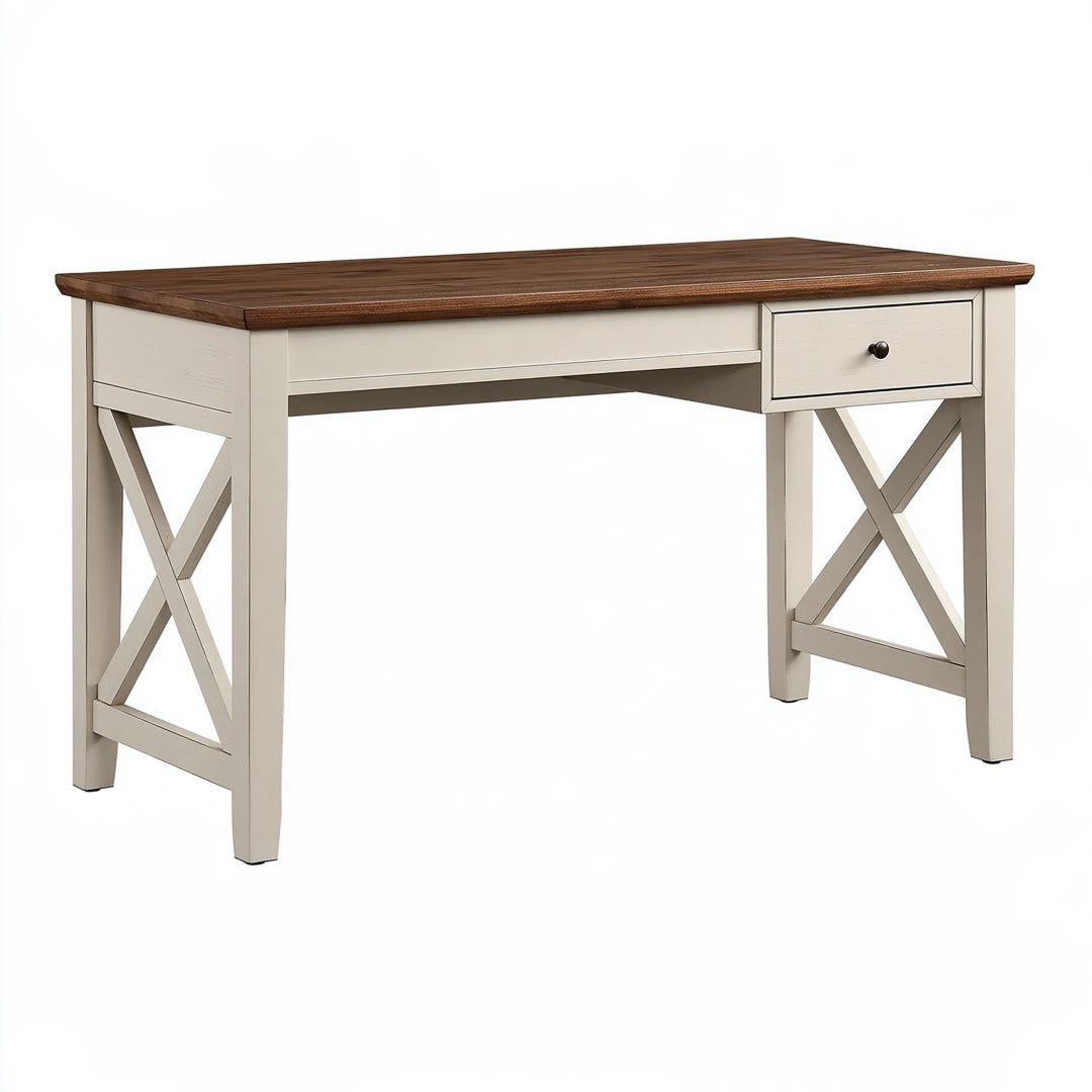 Bureau 120 x 60 x 75 cm en bois marron et beige avec tiroir style campagne