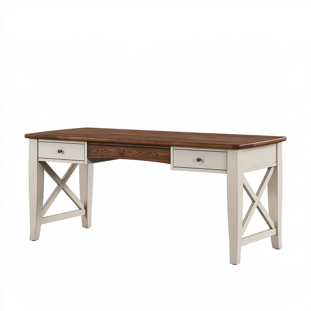 Bureau 160 x 70 x 76 cm en bois brun et blanc avec 2 tiroirs style campagne