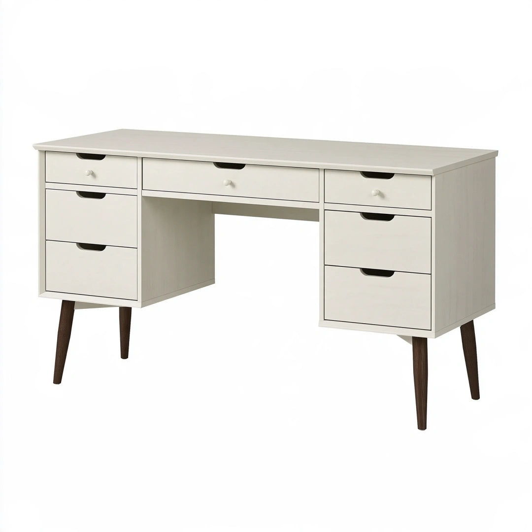 Bureau 150 x 60 x 76 cm en bois blanc avec tiroirs style scandinave