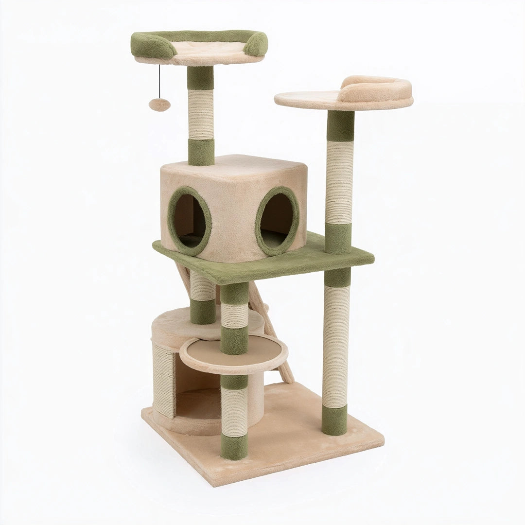 Arbre à chat 60 x 60 x 145 cm en sisal et peluche beige vert avec niches et plateformes