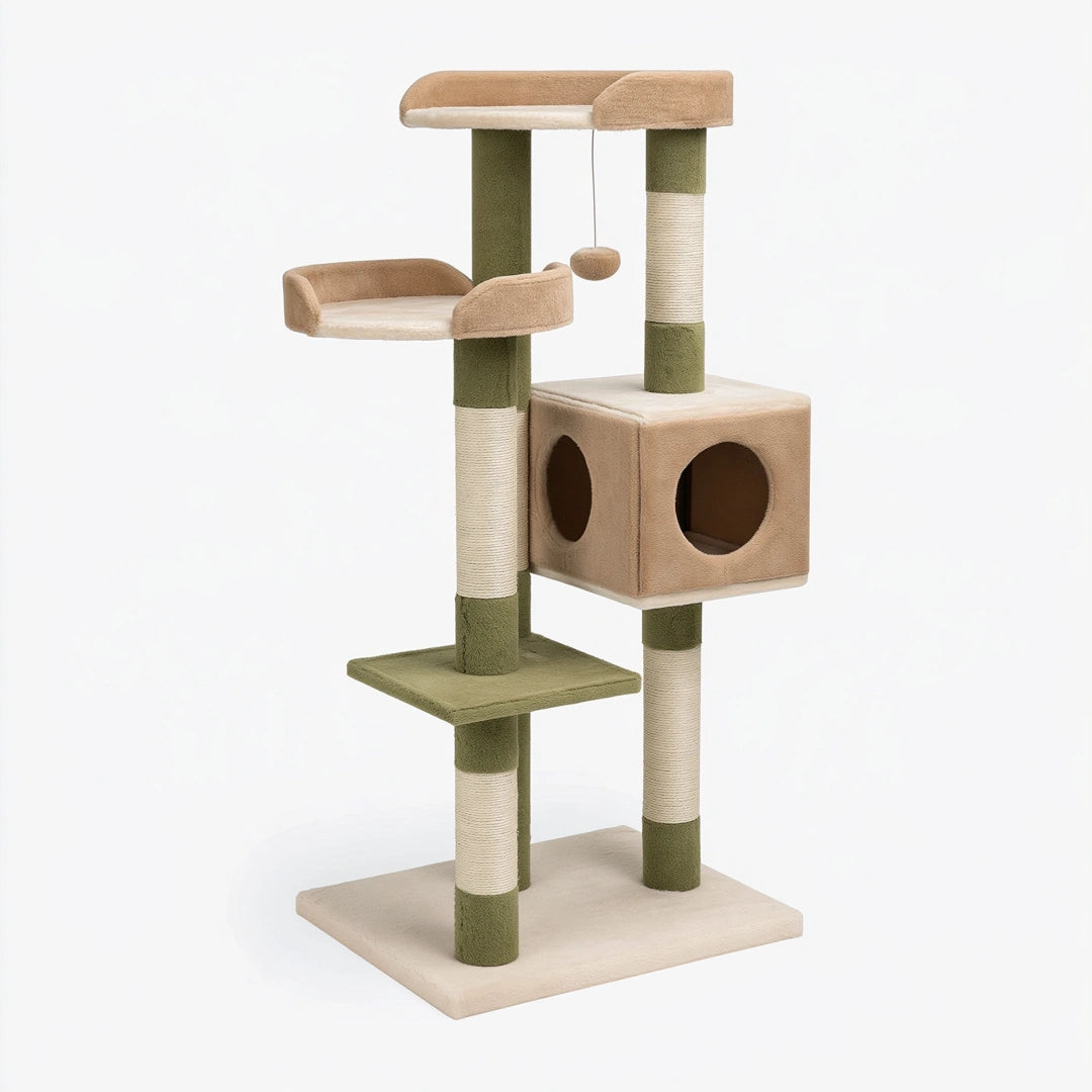 Arbre à chat 50 x 50 x 140 cm en sisal et tissu vert beige avec niche et plateformes