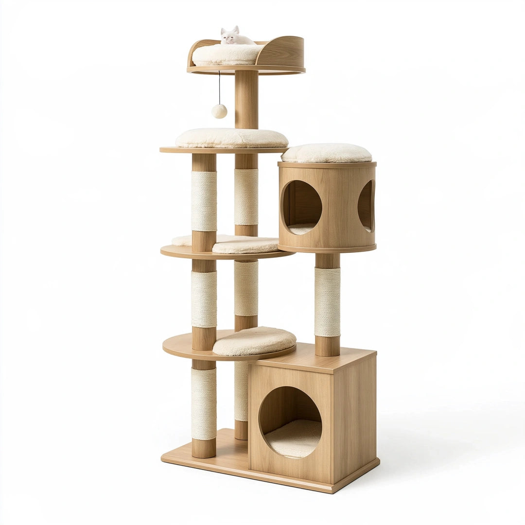 Arbre à chat 60 x 60 x 180 cm aspect bois beige avec griffoirs et niches