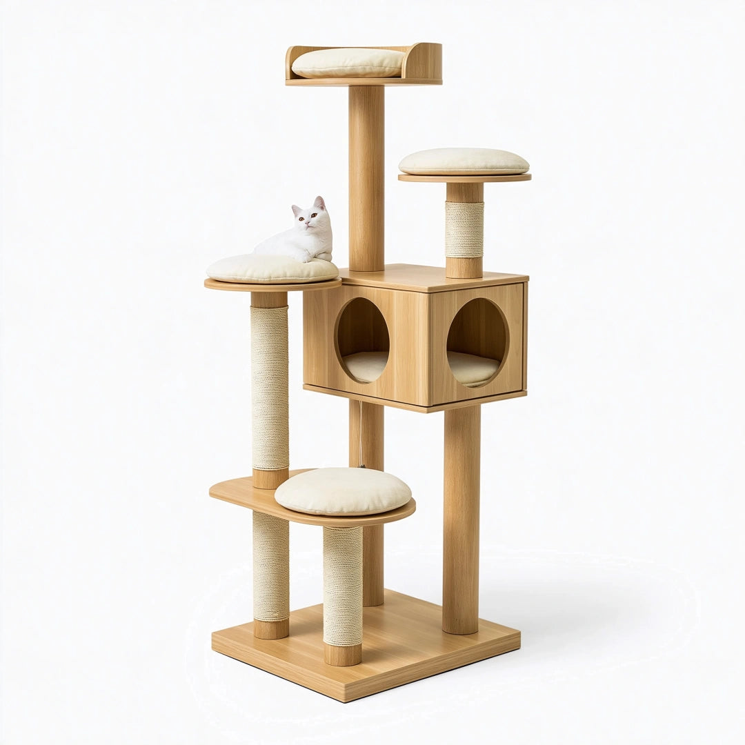 Arbre à chat 60 x 60 x 170 cm en bois beige avec griffoirs et niches style contemporain