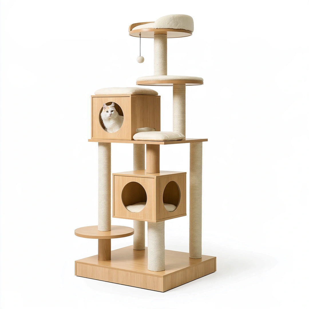 Arbre à chat 70 x 60 x 170 cm en bois beige avec griffoirs et niches