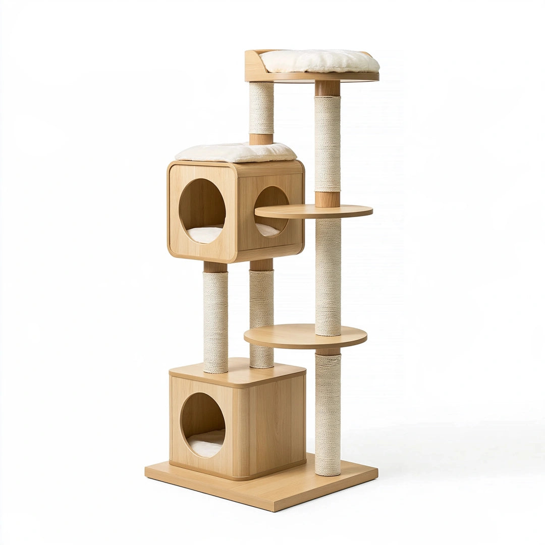 Arbre à chat 60 x 50 x 170 cm en bois beige avec poteaux en sisal et niches