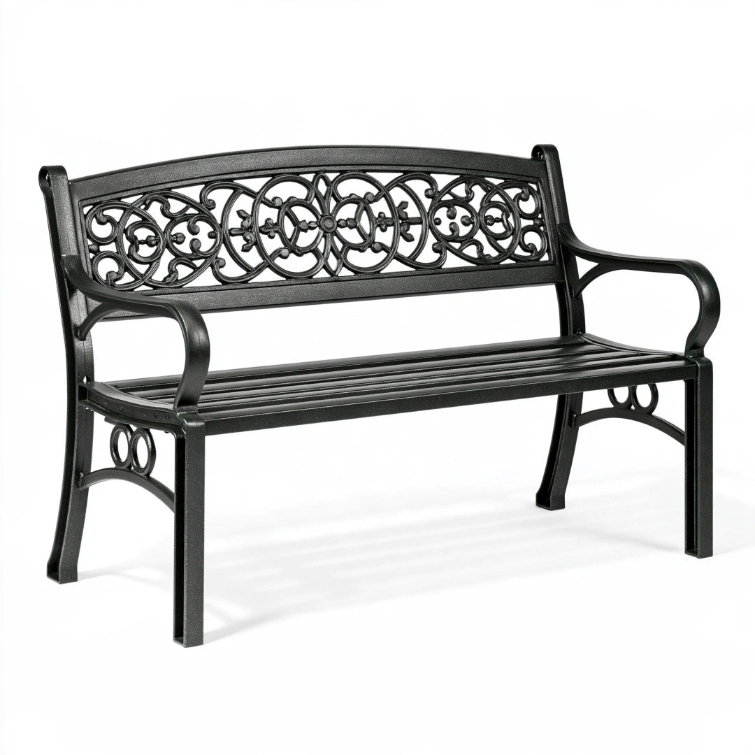 Banc de jardin 125 x 60 x 85 cm en métal noir à dossier ajouré classique