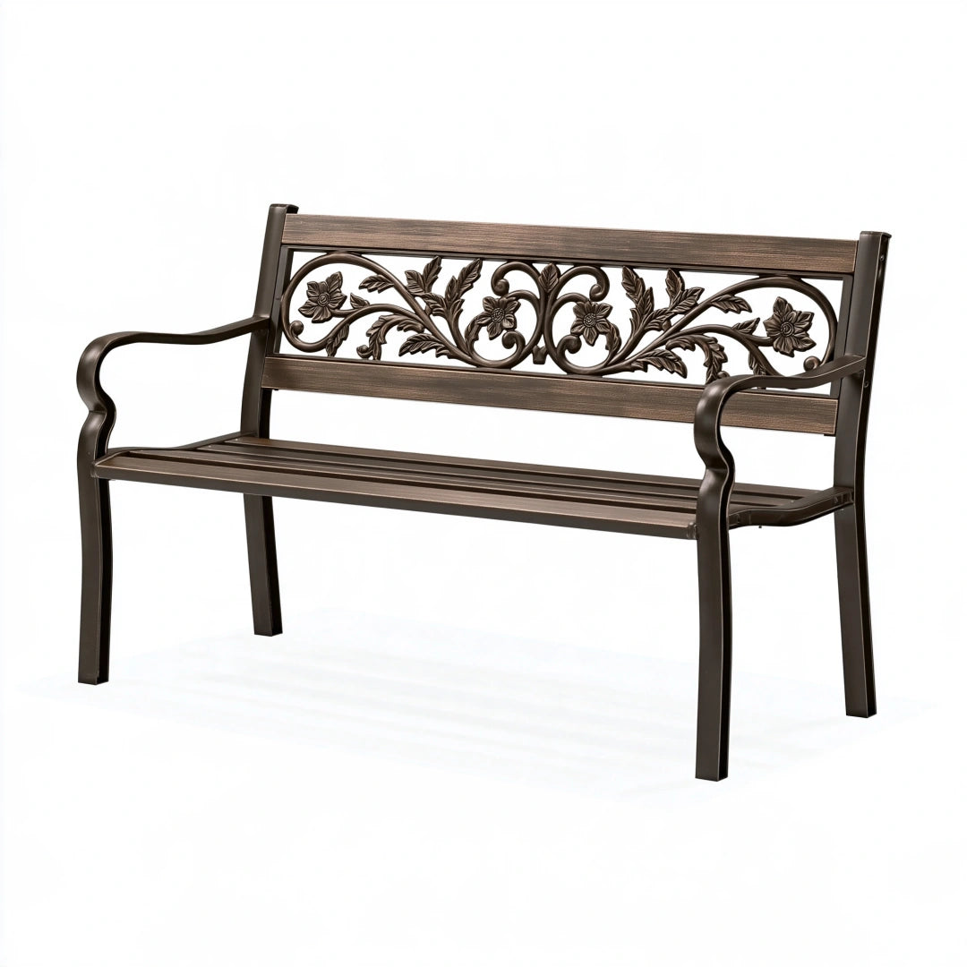 Banc de jardin 122 cm en acier brun à motif floral