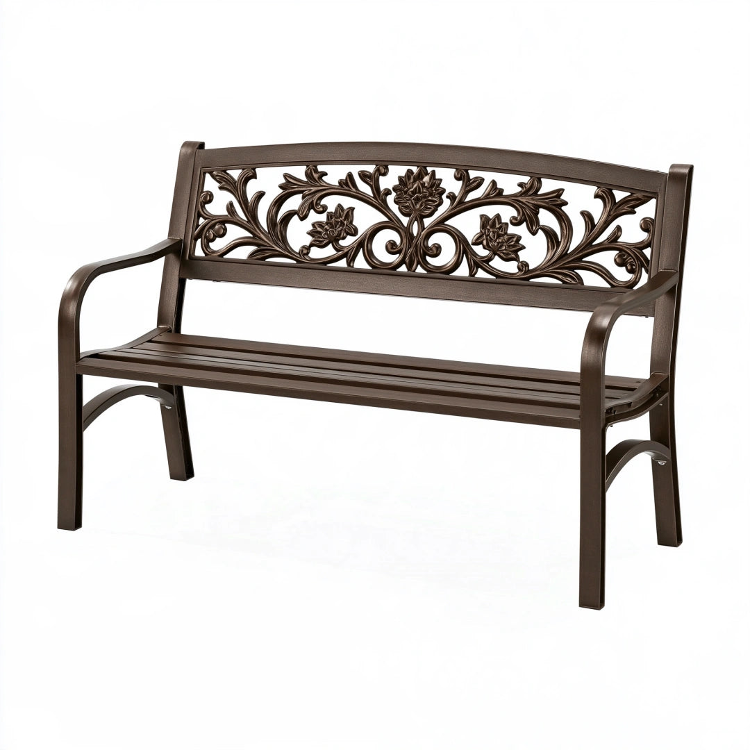 Banc de jardin 122 x 62 x 90 cm en métal brun avec accoudoirs style classique