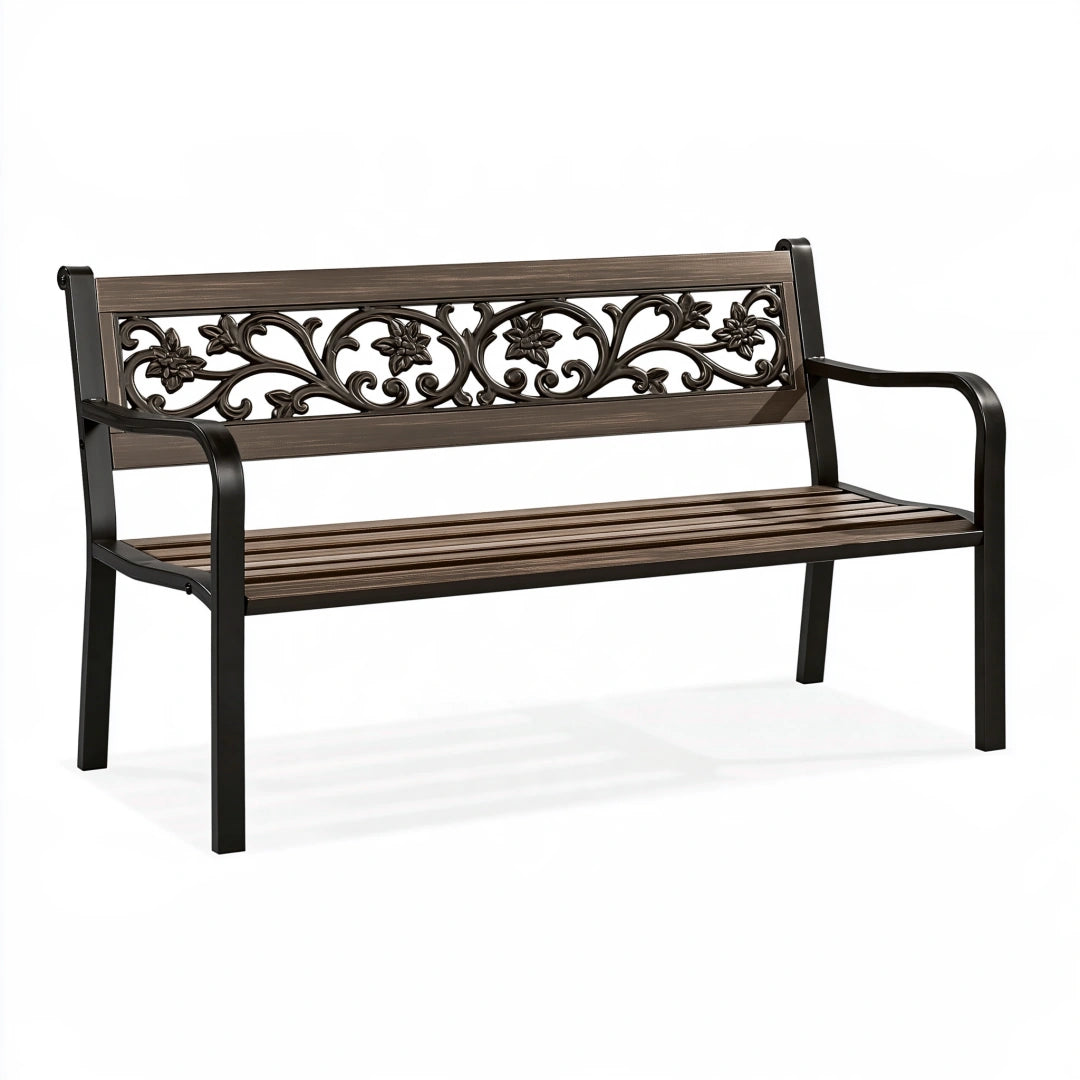 Banc de jardin 150 x 63 x 88 cm en métal brun foncé à dossier décoratif