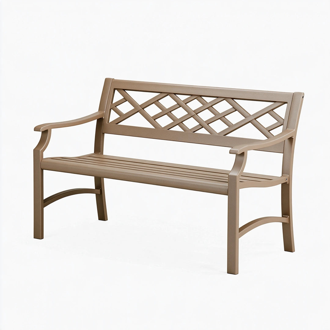 Banc de jardin 120 x 60 x 85 cm en plastique taupe avec accoudoirs et dossier ajouré