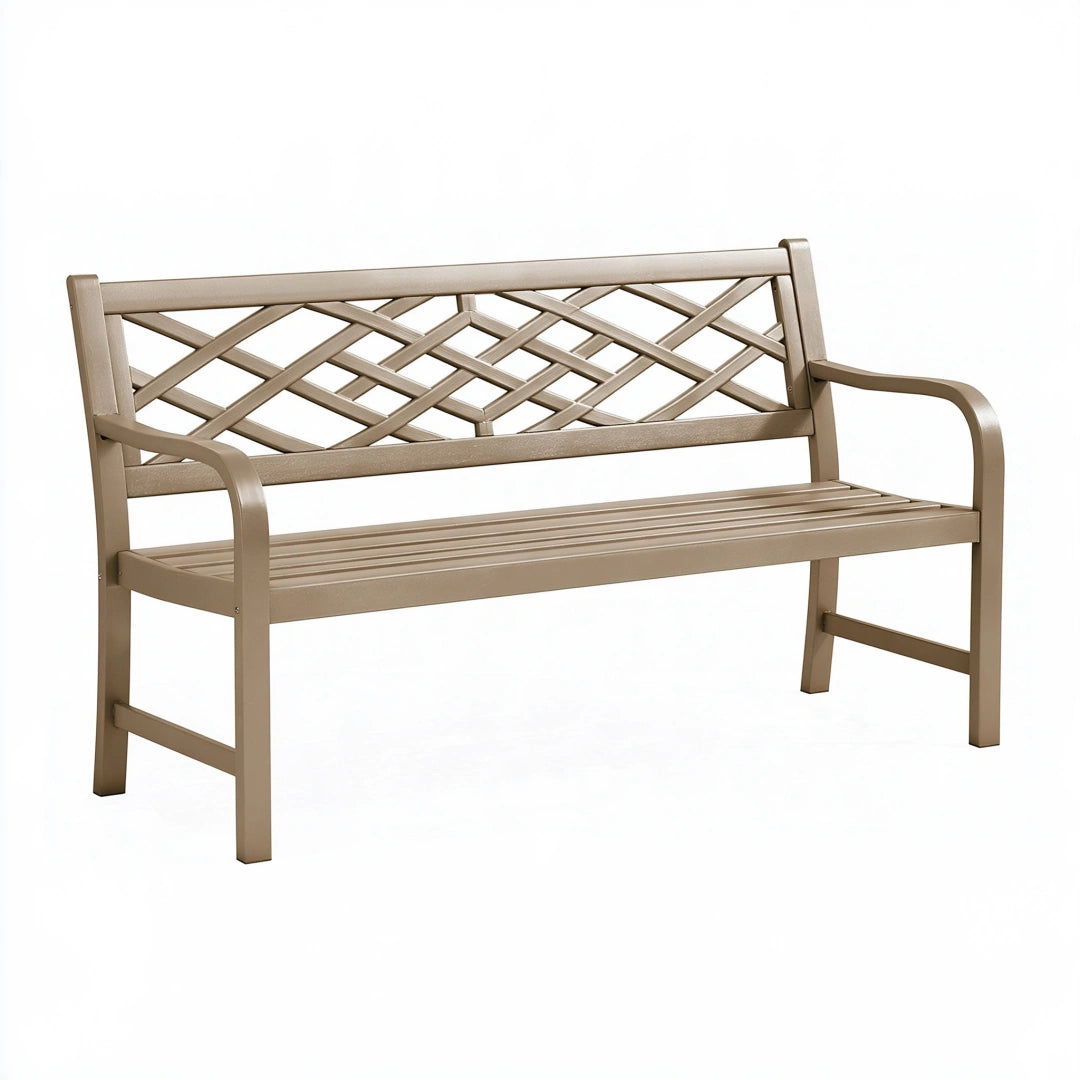 Banc de jardin 125 cm en métal taupe à dossier treillis avec accoudoirs