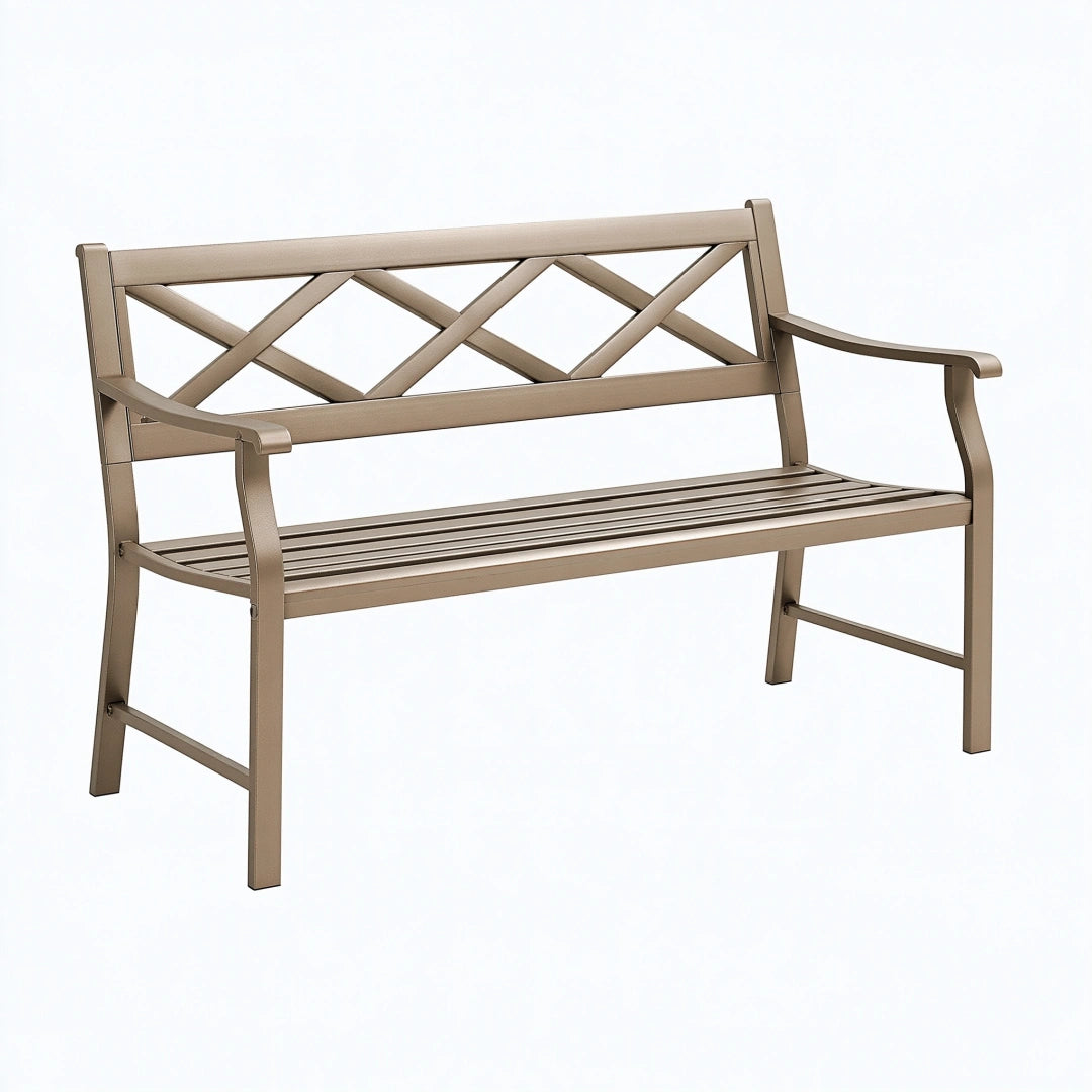 Banc de jardin 120 x 60 x 88 cm en métal taupe à accoudoirs style classique